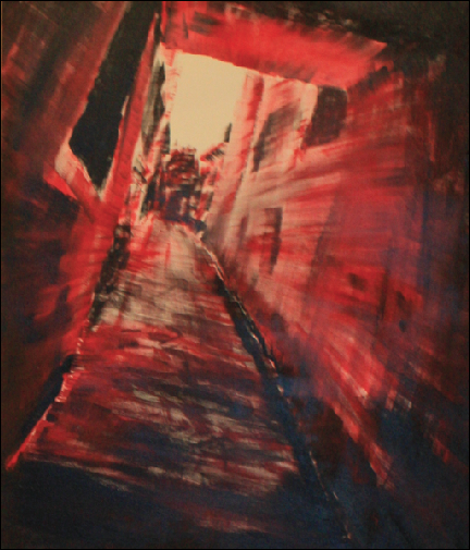 A sinister looking red and black image of an architectural tunnel.